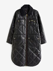 Barbour® International Faux Leather Diamond Quilted Longline Black Jacket - Image 1 of 8