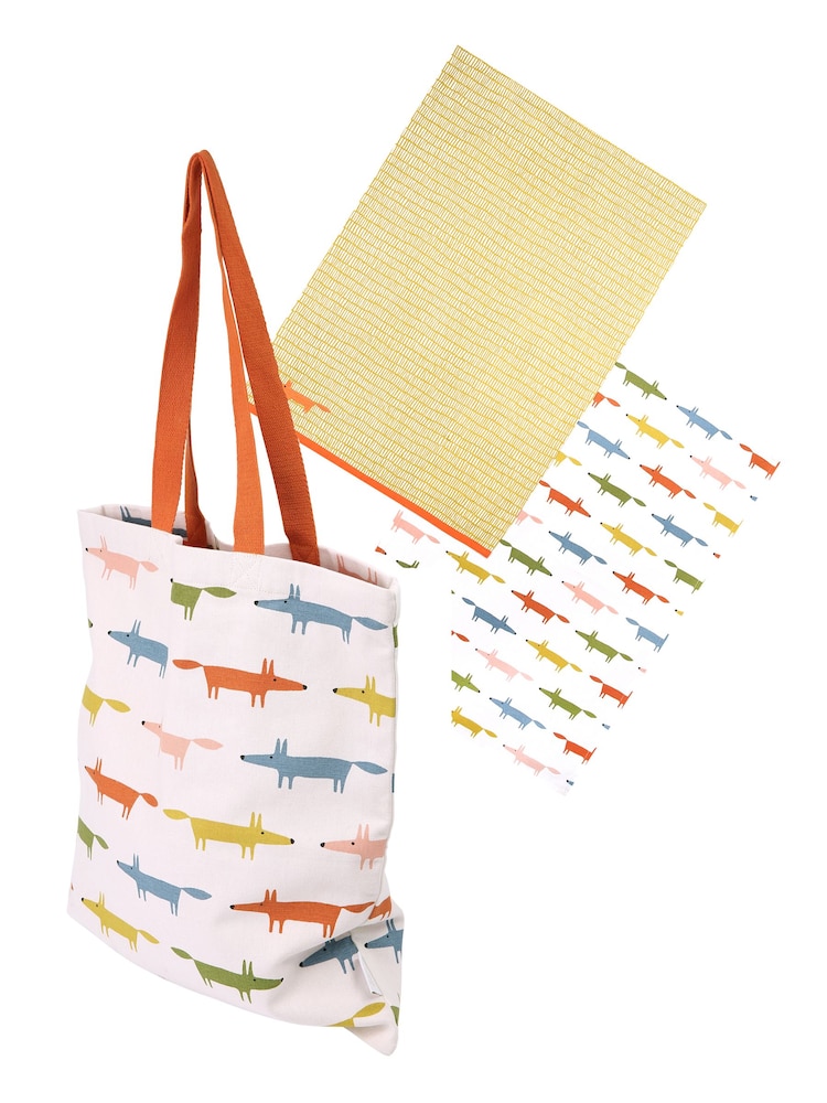 Scion Set of 2 White Mr Fox 10th Anniversary 100% Cotton Tea Towels and Tote Bag - Image 1 of 1