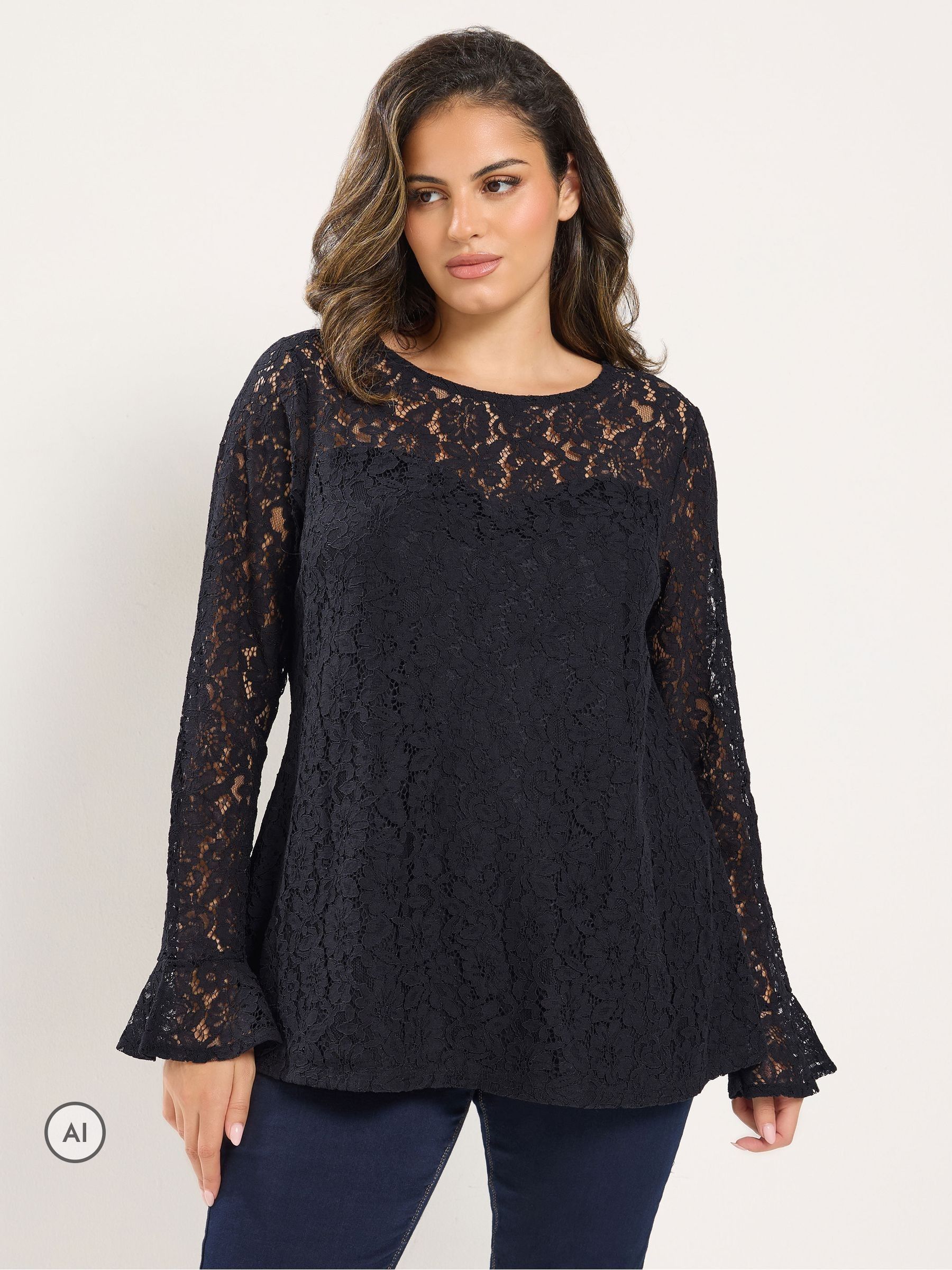 Yours Women's Lace Long Sleeve Top in Black | Size: 30-32 - Image 3