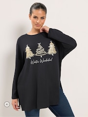 Yours Curve Black 'Winter Wonderland' Novelty Long Sleeve Top - Image 1 of 6