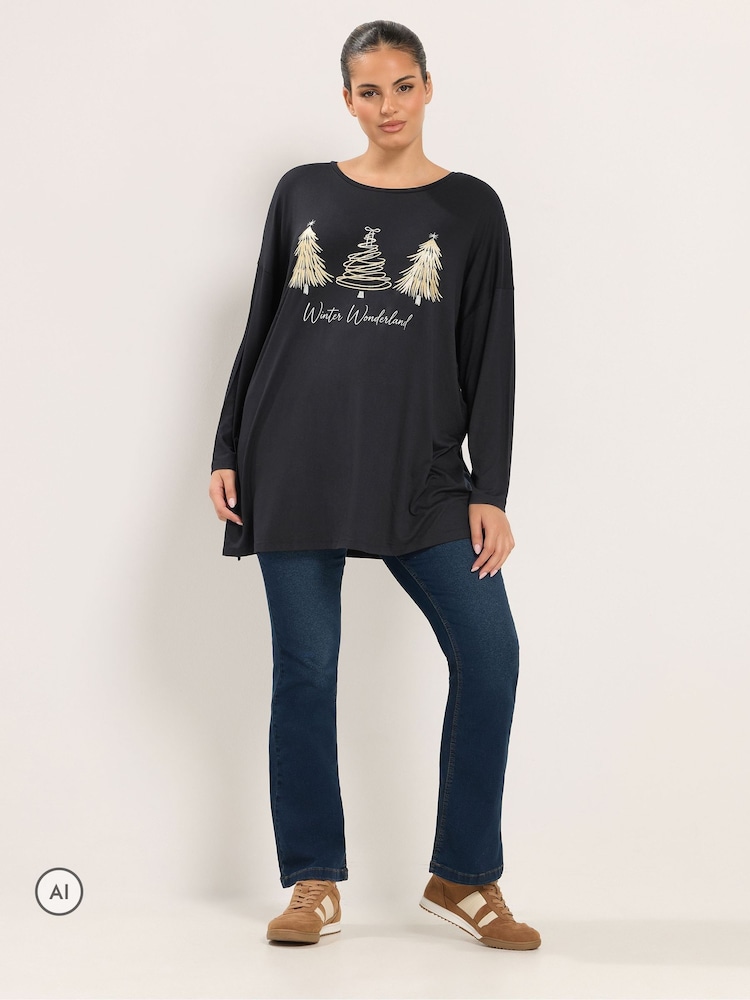 Yours Curve Black 'Winter Wonderland' Novelty Long Sleeve Top - Image 2 of 6