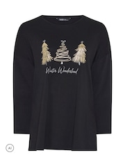 Yours Curve Black 'Winter Wonderland' Novelty Long Sleeve Top - Image 5 of 6