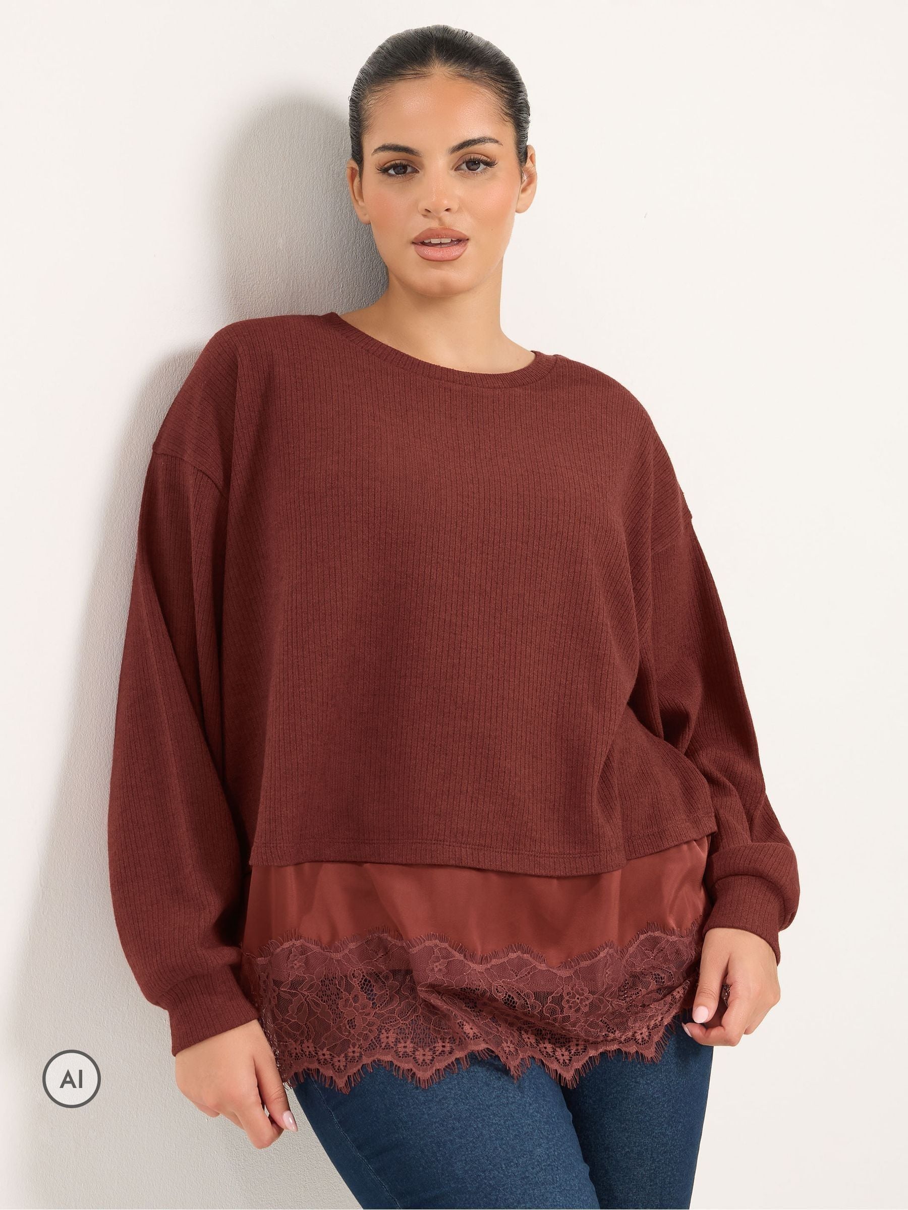 Yours Women's Long Sleeve Lace Hem Top in Burgundy | Size: 18 - Image 2
