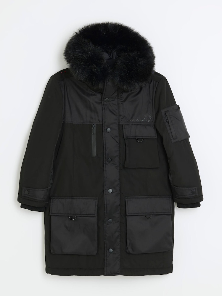 River Island Black Padded Longline Boys Coat - Image 1 of 3 River Island Black Padded Longline Boys Coat - Image 1 of 3