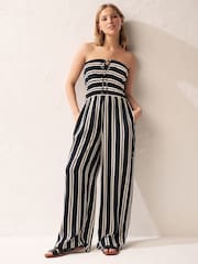 Black/White Stripe Multiway Halter-Tie Bandeau Wide Leg Jumpsuit - Image 1 of 7