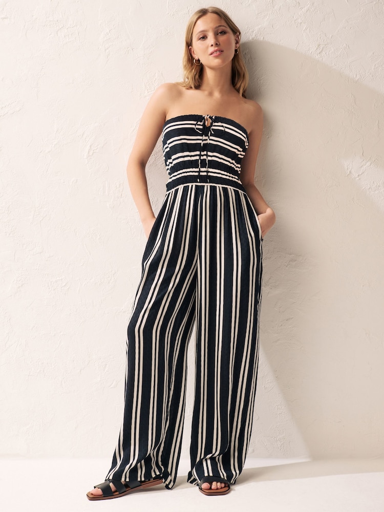 Black/White Stripe Multiway Halter-Tie Bandeau Wide Leg Jumpsuit - Image 1 of 7