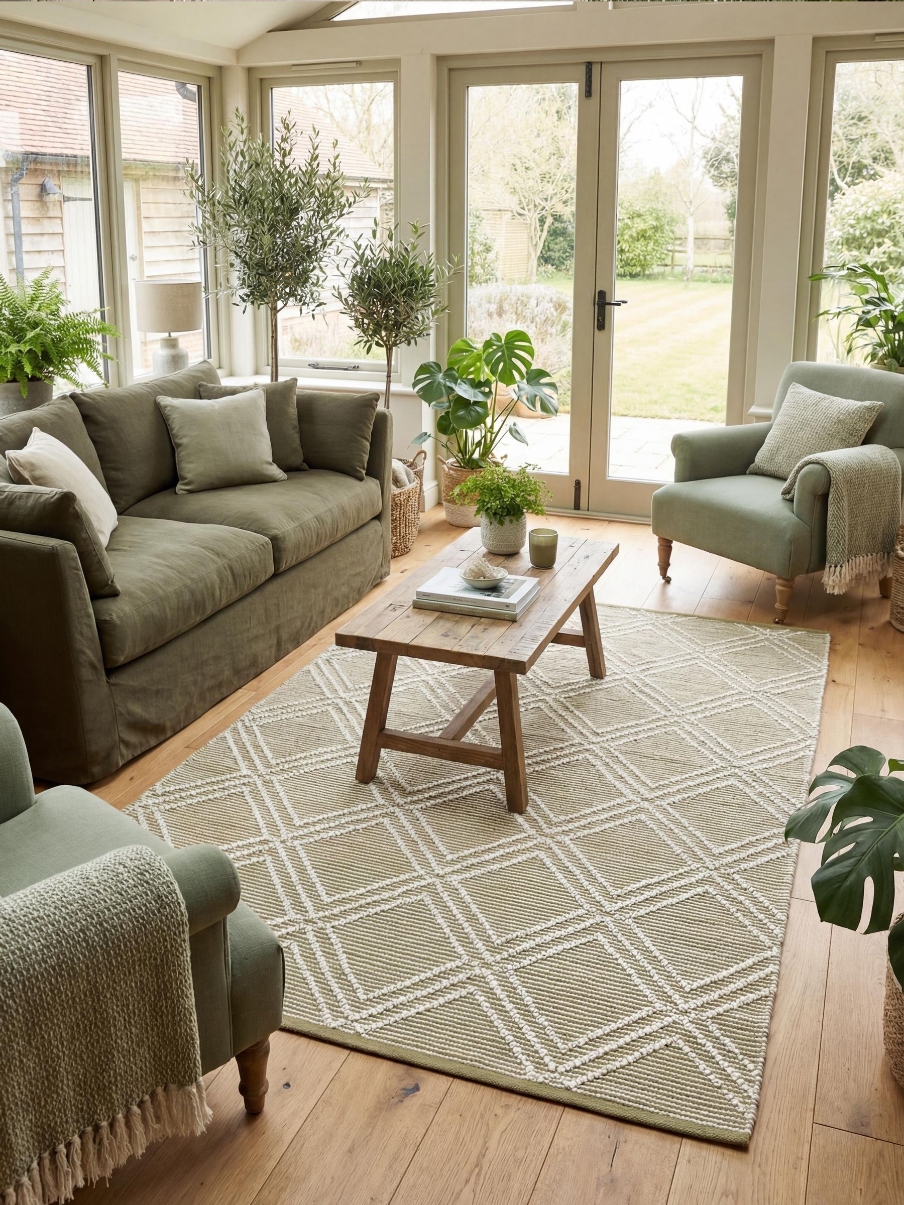 Recycled PET Rug 120x170cm Diamond Pattern Olive Indoor Outdoor Carpet - Image 3