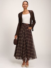 Jolie Moi Brown Checked Crinkle Mesh Maxi Skirt - Image 1 of 6