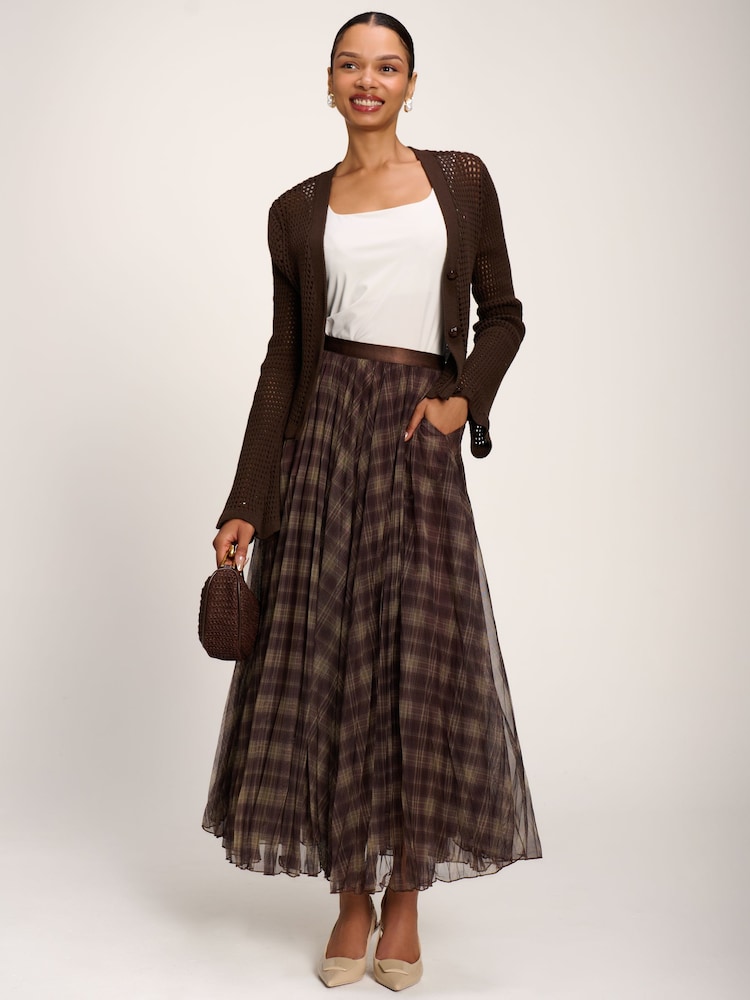 Jolie Moi Brown Checked Crinkle Mesh Maxi Skirt - Image 1 of 6 Jolie Moi Brown Checked Crinkle Mesh Maxi Skirt - Image 1 of 6
