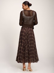 Jolie Moi Brown Checked Crinkle Mesh Maxi Skirt - Image 2 of 6