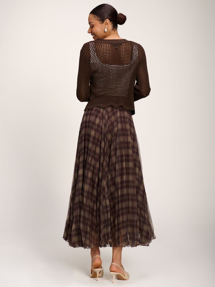 Jolie Moi Brown Checked Crinkle Mesh Maxi Skirt - Image 2 of 6 Jolie Moi Brown Checked Crinkle Mesh Maxi Skirt - Image 2 of 6