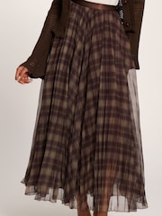 Jolie Moi Brown Checked Crinkle Mesh Maxi Skirt - Image 3 of 6