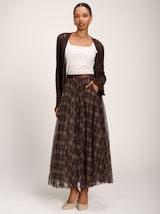 Jolie Moi Brown Checked Crinkle Mesh Maxi Skirt - Image 4 of 6