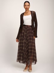 Jolie Moi Brown Checked Crinkle Mesh Maxi Skirt - Image 5 of 6