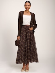 Jolie Moi Brown Checked Crinkle Mesh Maxi Skirt - Image 6 of 6