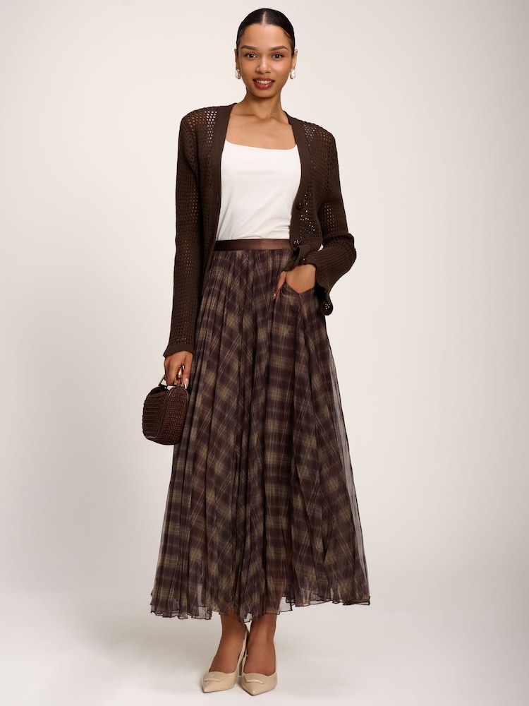 Jolie Moi Brown Checked Crinkle Mesh Maxi Skirt - Image 6 of 6 Jolie Moi Brown Checked Crinkle Mesh Maxi Skirt - Image 6 of 6