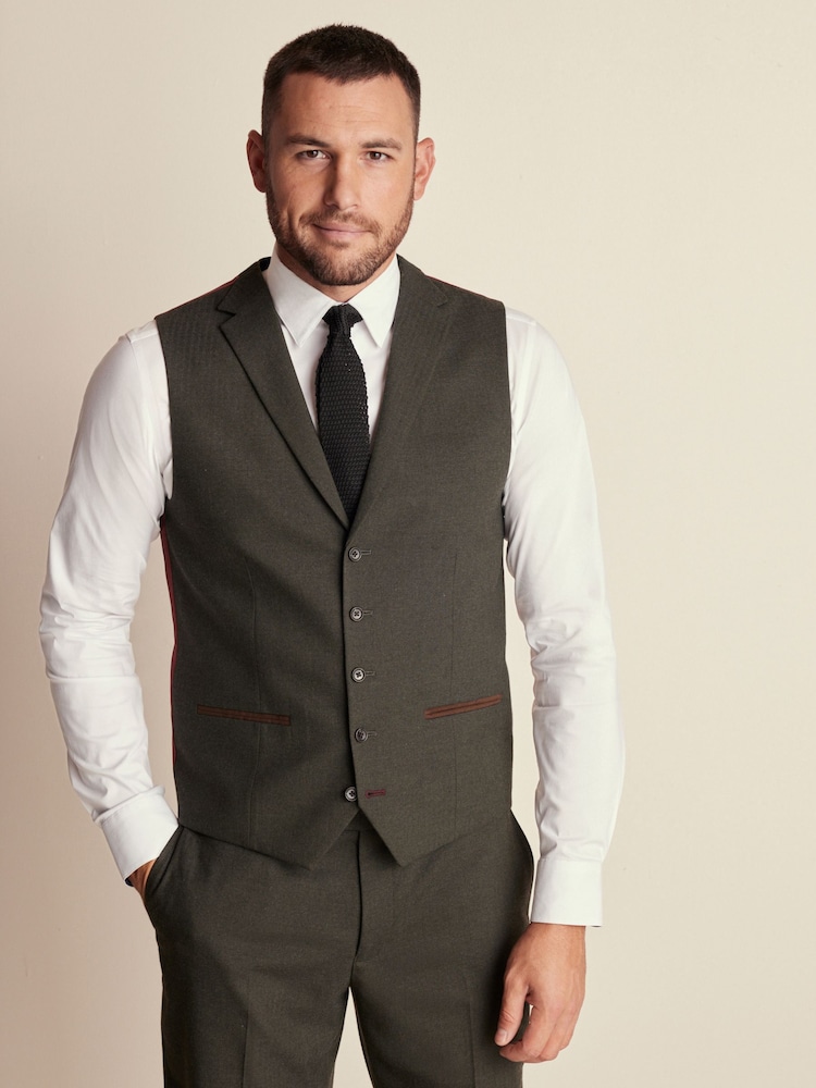 Green Regular Fit Herringbone Suit Waistcoat - Image 1 of 9