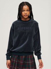 Superdry Eclipse Navy Velour Graphic Boxy Crew Sweatshirt - Image 1 of 6