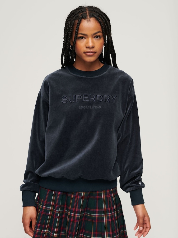 Superdry Eclipse Navy Velour Graphic Boxy Crew Sweatshirt - Image 1 of 6