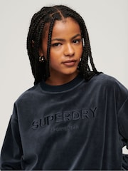 Superdry Eclipse Navy Velour Graphic Boxy Crew Sweatshirt - Image 3 of 6