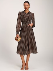 Jolie Moi Brown Chiffon Print Ruffled Shirt Dress - Image 1 of 6