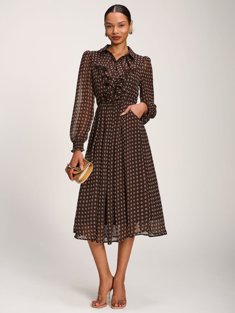Jolie Moi Brown Chiffon Print Ruffled Shirt Dress - Image 1 of 6