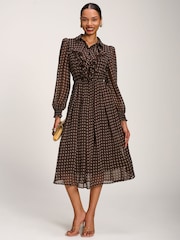 Jolie Moi Brown Chiffon Print Ruffled Shirt Dress - Image 5 of 6