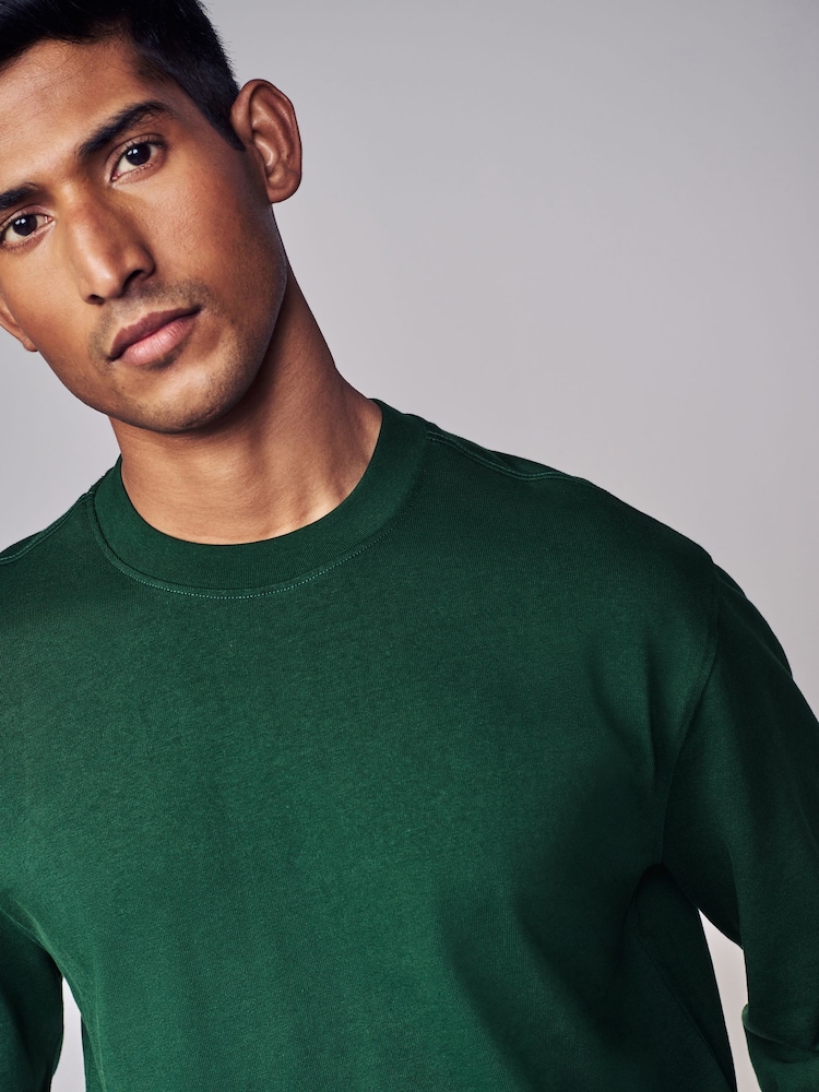 Green Relaxed Fit Long Sleeve Heavyweight 100% Cotton T-Shirt - Image 4 of 7