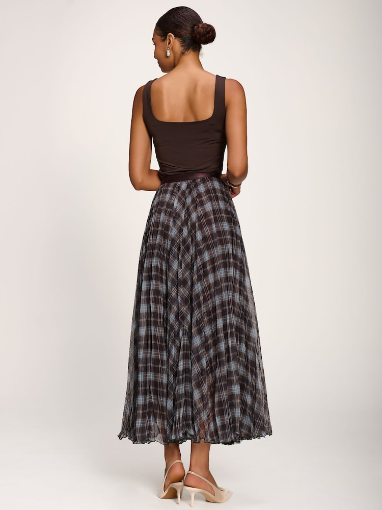 Jolie Moi Blue Checked Crinkle Mesh Maxi Skirt - Image 2 of 6 Jolie Moi Blue Checked Crinkle Mesh Maxi Skirt - Image 2 of 6