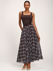 Jolie Moi Blue Checked Crinkle Mesh Maxi Skirt - Image 4 of 6