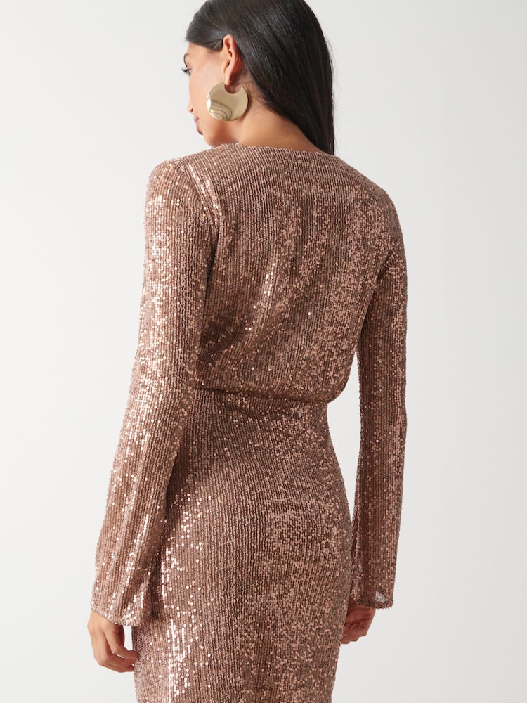 Pretty Lavish Brown Dulcie Mini Wrap Sequin Dress - Image 2 of 3 Pretty Lavish Brown Dulcie Mini Wrap Sequin Dress - Image 2 of 3