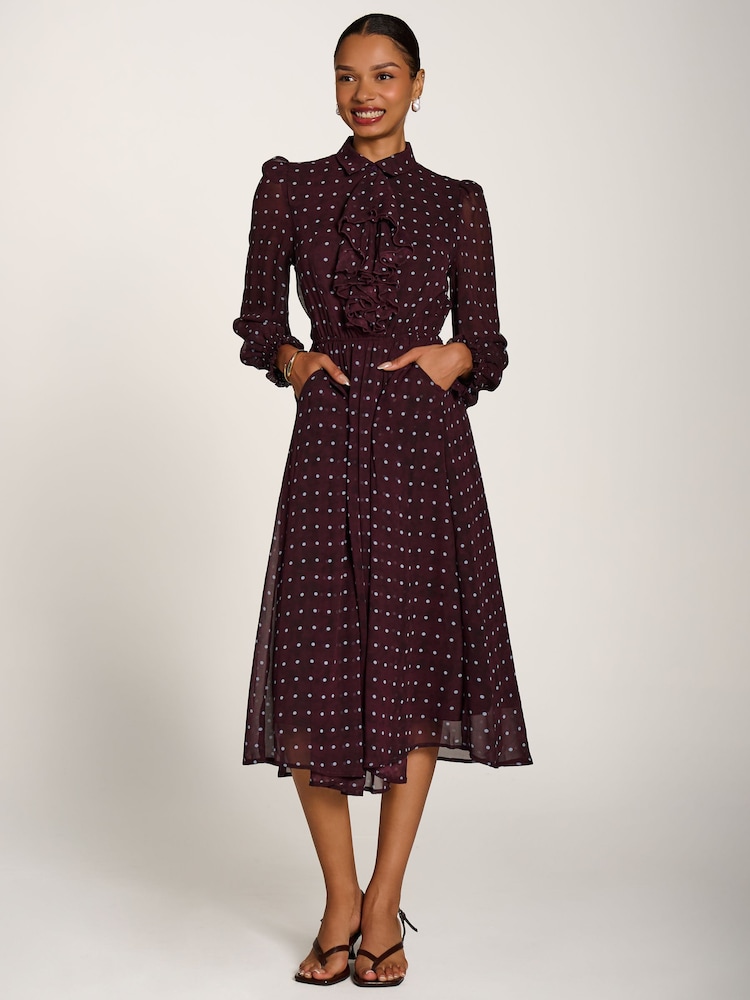 Jolie Moi Red Chiffon Print Ruffled Shirt Dress - Image 1 of 6 Jolie Moi Red Chiffon Print Ruffled Shirt Dress - Image 1 of 6