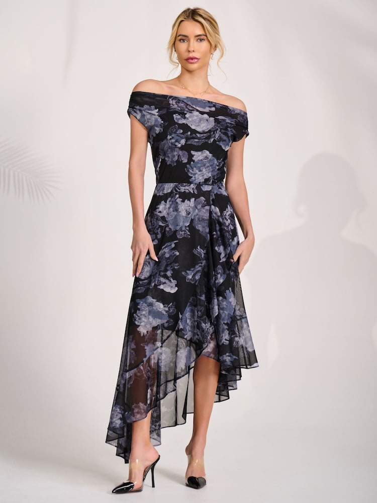 Jolie Moi Black Asymmetrical Mesh Midaxi Dress - Image 1 of 6
