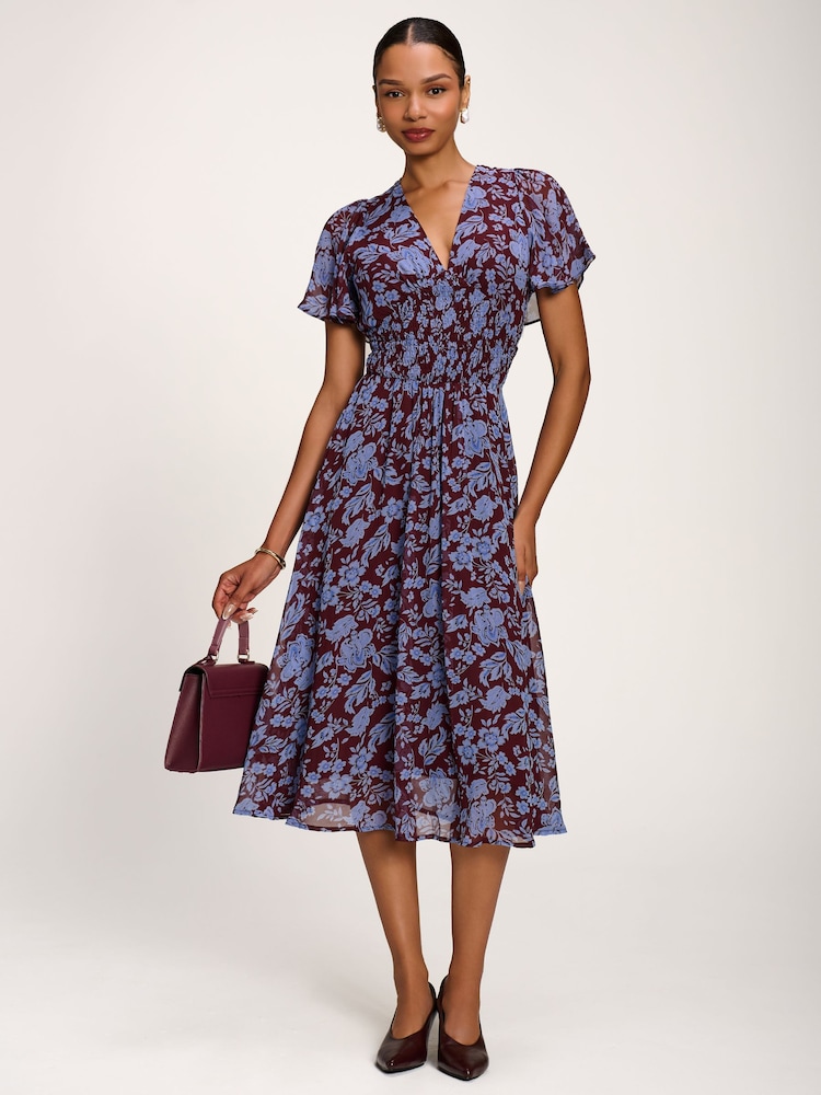 Jolie Moi Blue Printed Chiffon Midi Dress - Image 1 of 6 Jolie Moi Blue Printed Chiffon Midi Dress - Image 1 of 6