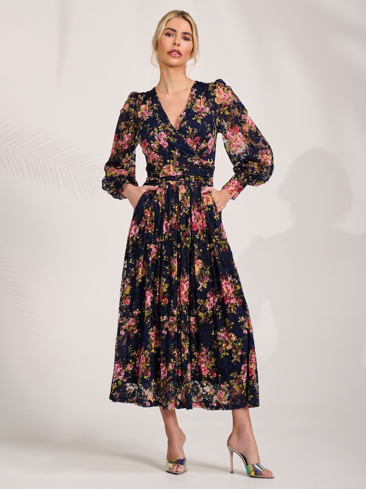 Jolie Moi Blue Printed Lace Maxi Dress - Image 1 of 6 Jolie Moi Blue Printed Lace Maxi Dress - Image 1 of 6