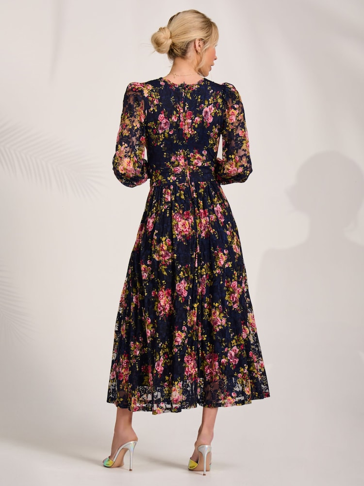 Jolie Moi Blue Printed Lace Maxi Dress - Image 2 of 6 Jolie Moi Blue Printed Lace Maxi Dress - Image 2 of 6