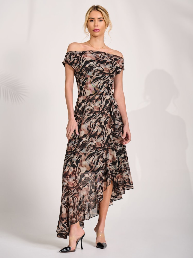 Jolie Moi Brown Asymmetrical Mesh Midaxi Dress - Image 1 of 6