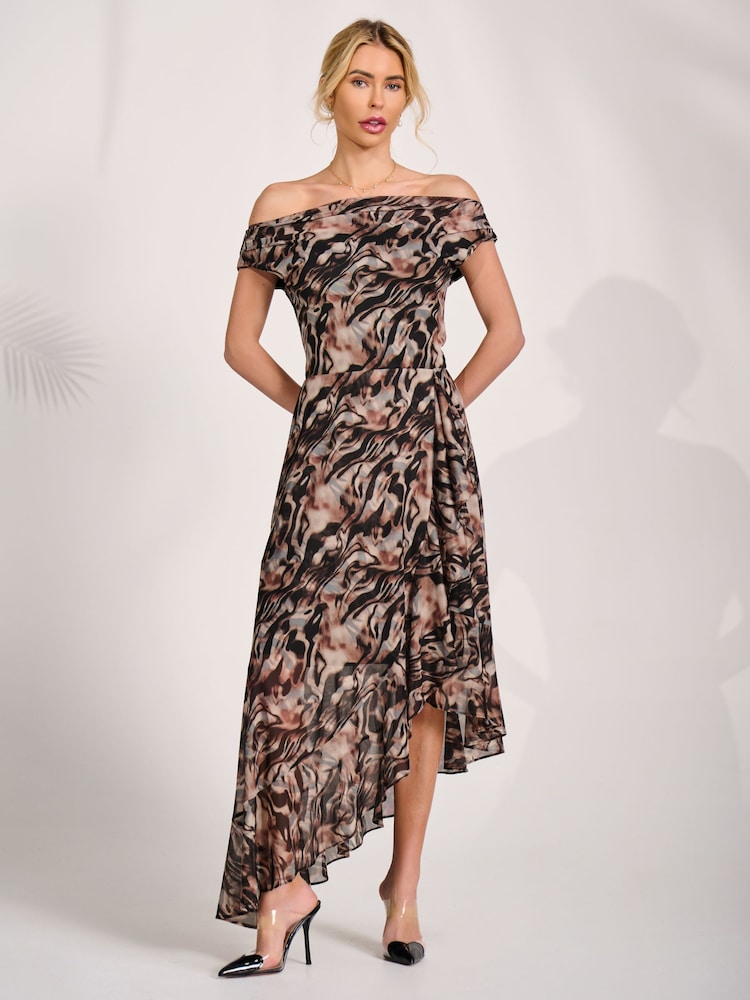 Jolie Moi Brown Asymmetrical Mesh Midaxi Dress - Image 6 of 6
