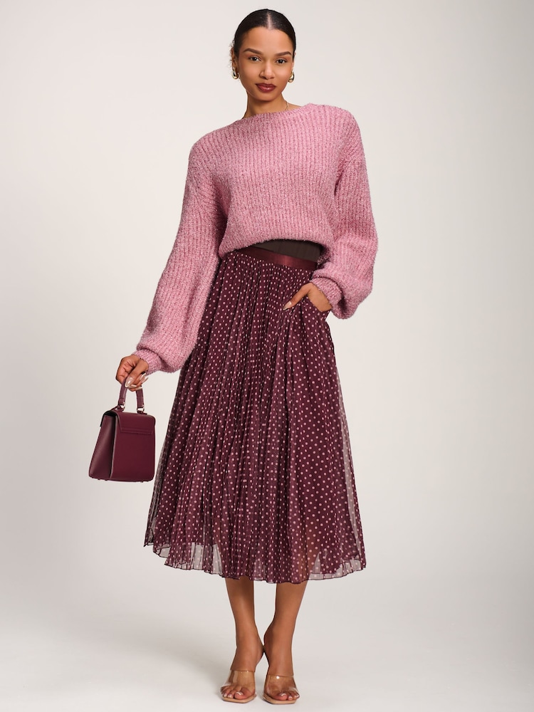 Jolie Moi Red Print Crinkle Mesh Midi Skirt - Image 1 of 6 Jolie Moi Red Print Crinkle Mesh Midi Skirt - Image 1 of 6