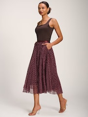 Jolie Moi Red Print Crinkle Mesh Midi Skirt - Image 5 of 6
