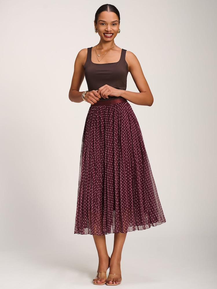 Jolie Moi Red Print Crinkle Mesh Midi Skirt - Image 6 of 6 Jolie Moi Red Print Crinkle Mesh Midi Skirt - Image 6 of 6