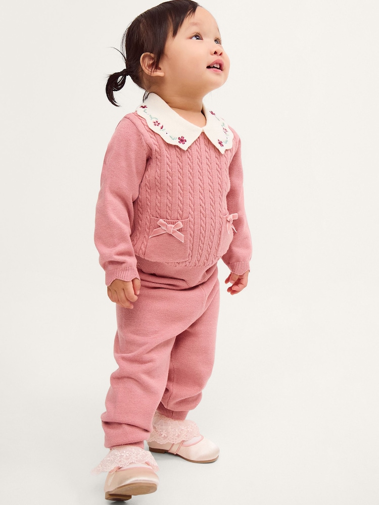 Monsoon Pink Baby Cable Knit Jumper & Joggers Set - Image 1 of 4 Monsoon Pink Baby Cable Knit Jumper & Joggers Set - Image 1 of 4