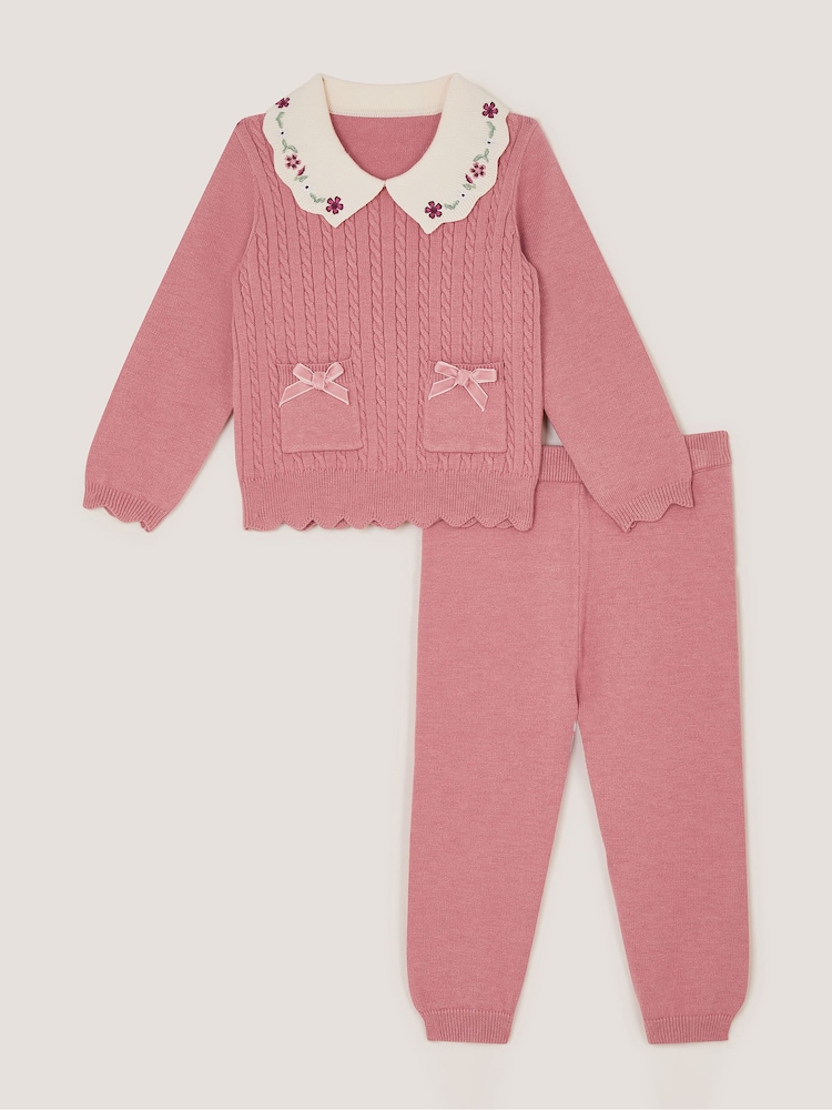 Monsoon Pink Baby Cable Knit Jumper & Joggers Set - Image 2 of 4 Monsoon Pink Baby Cable Knit Jumper & Joggers Set - Image 2 of 4