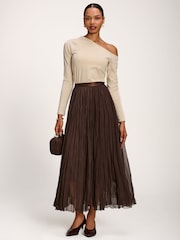 Jolie Moi Brown Plain Crinkle Mesh Maxi Skirt - Image 1 of 6