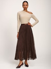 Jolie Moi Brown Plain Crinkle Mesh Maxi Skirt - Image 4 of 6