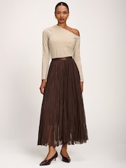 Jolie Moi Brown Plain Crinkle Mesh Maxi Skirt - Image 5 of 6
