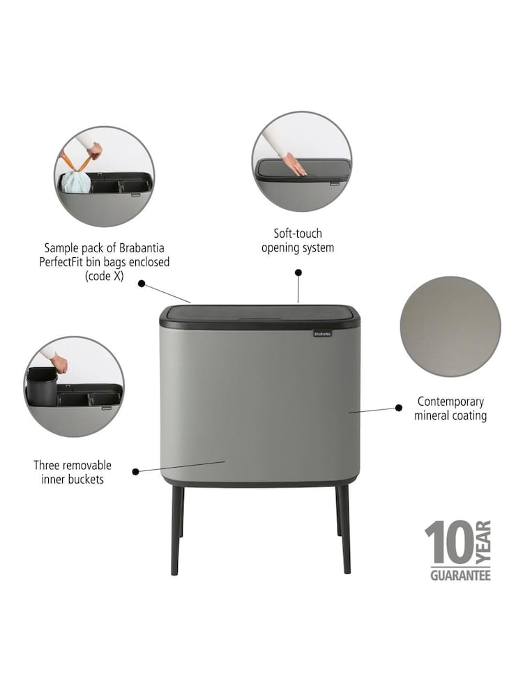 Brabantia Mineral Concrete Grey Bo 3 x 11L Touch Bin - Image 2 of 6