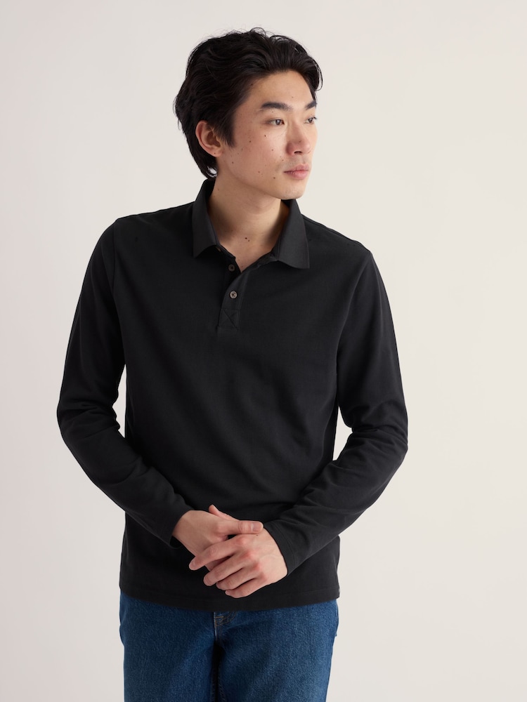 Seasalt Cornwall Black Balefire Long Sleeve Polo Shirt - Image 1 of 4 Seasalt Cornwall Black Balefire Long Sleeve Polo Shirt - Image 1 of 4