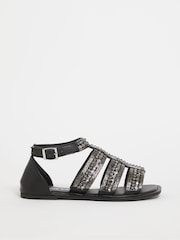 Simply Be Wide Fit Beaded Embellished Black Flat Sandals - Image 1 of 3
