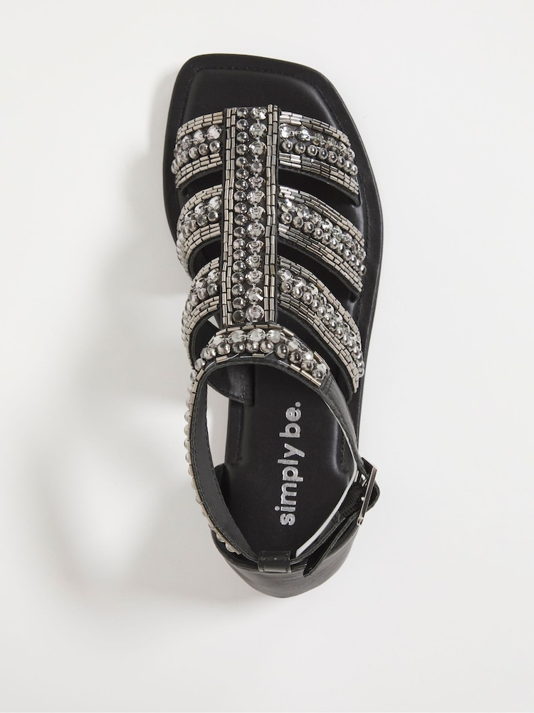 Simply Be Wide Fit Beaded Embellished Black Flat Sandals - Image 3 of 3